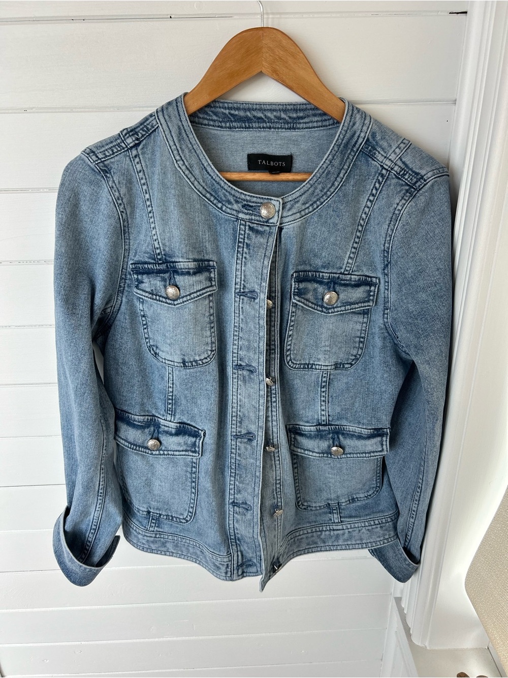 Talbots Women’s Large Denim Jacket Collarless 4 Pocket Button Front Jean Coat
